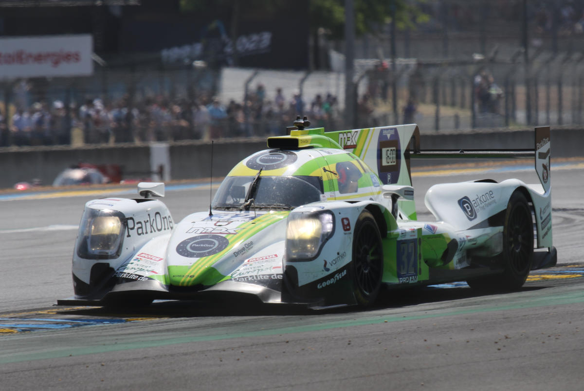 Oreca 07 - Mark Kwamme, Jan Magnussen & Anders Fjordbach exit Dunlop Chicane at the 2023 Le Mans (53366980089).jpg